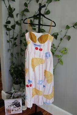 Croissant & Cherry Print Bustier Midi Dress | Size L | Summer Cottagecore